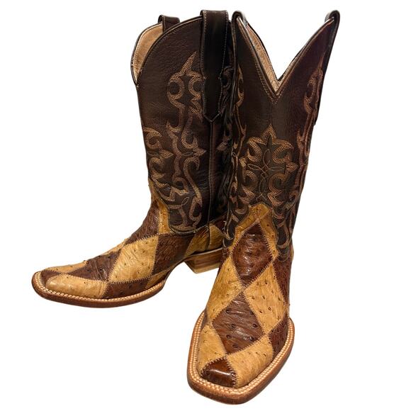 Full Ostrich Patchwork Western Cowboy Boots Women’s 6.5 EUC Handmade in Mexico - Picture 1 of 11
